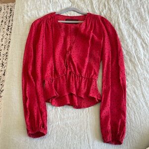 REFORMATION Nikki Tie Front Top Shirt Womens XS Red Black Long Sleeve V-neck